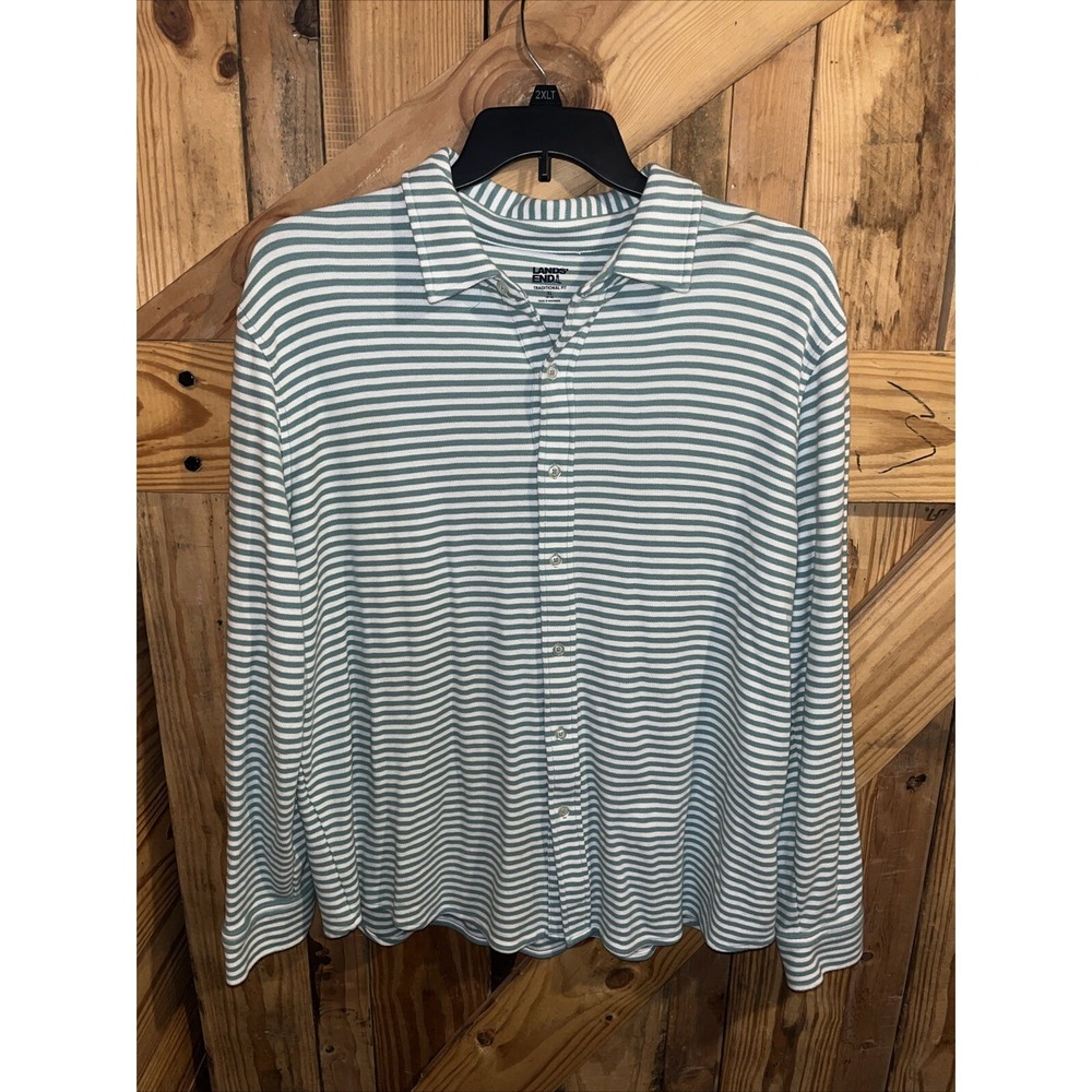 Preppy Lands End Shirt XL Green White Stripe Knit Button Up Long Sleeve Casual